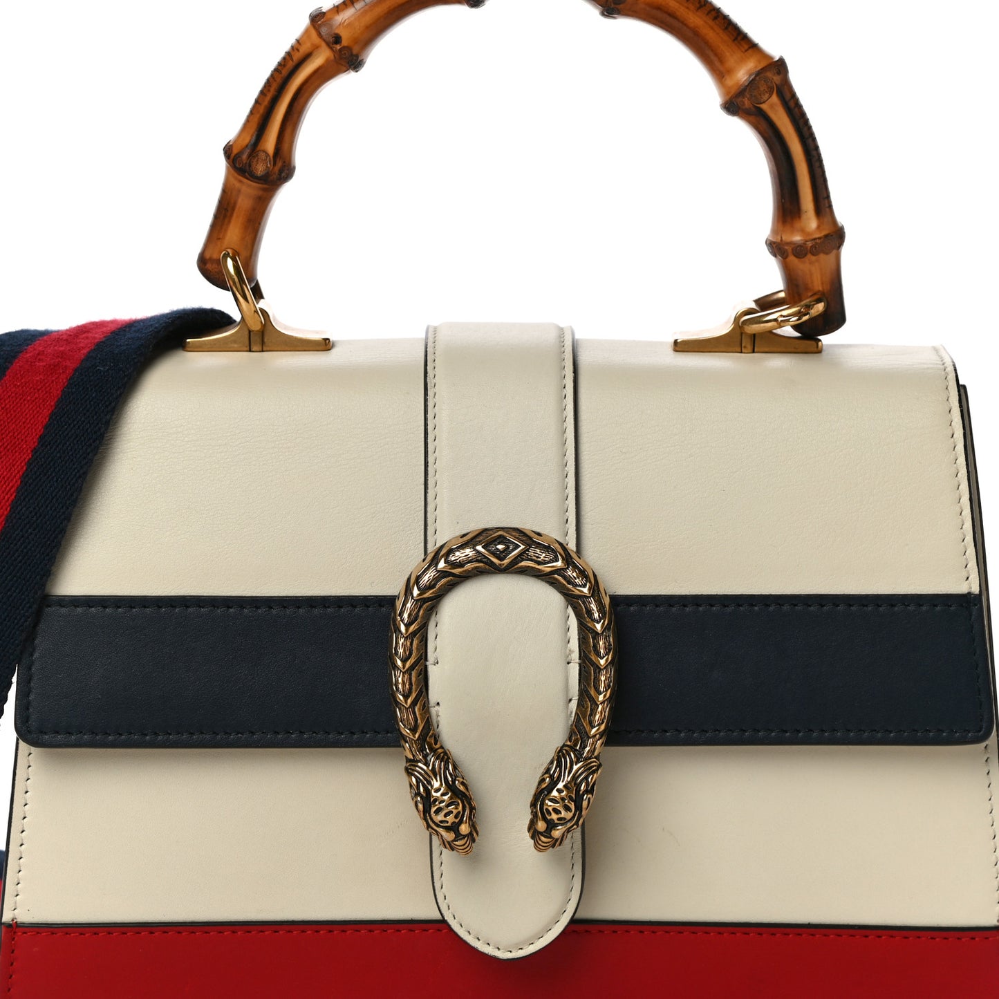 Calfskin Bamboo Web Medium Dionysus Top Handle Bag White Blue Hibiscus Red