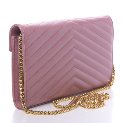 Saint Laurent Grain De Poudre Matelasse Chevron Monogram Chain Wallet Tender Pink 3 of 11