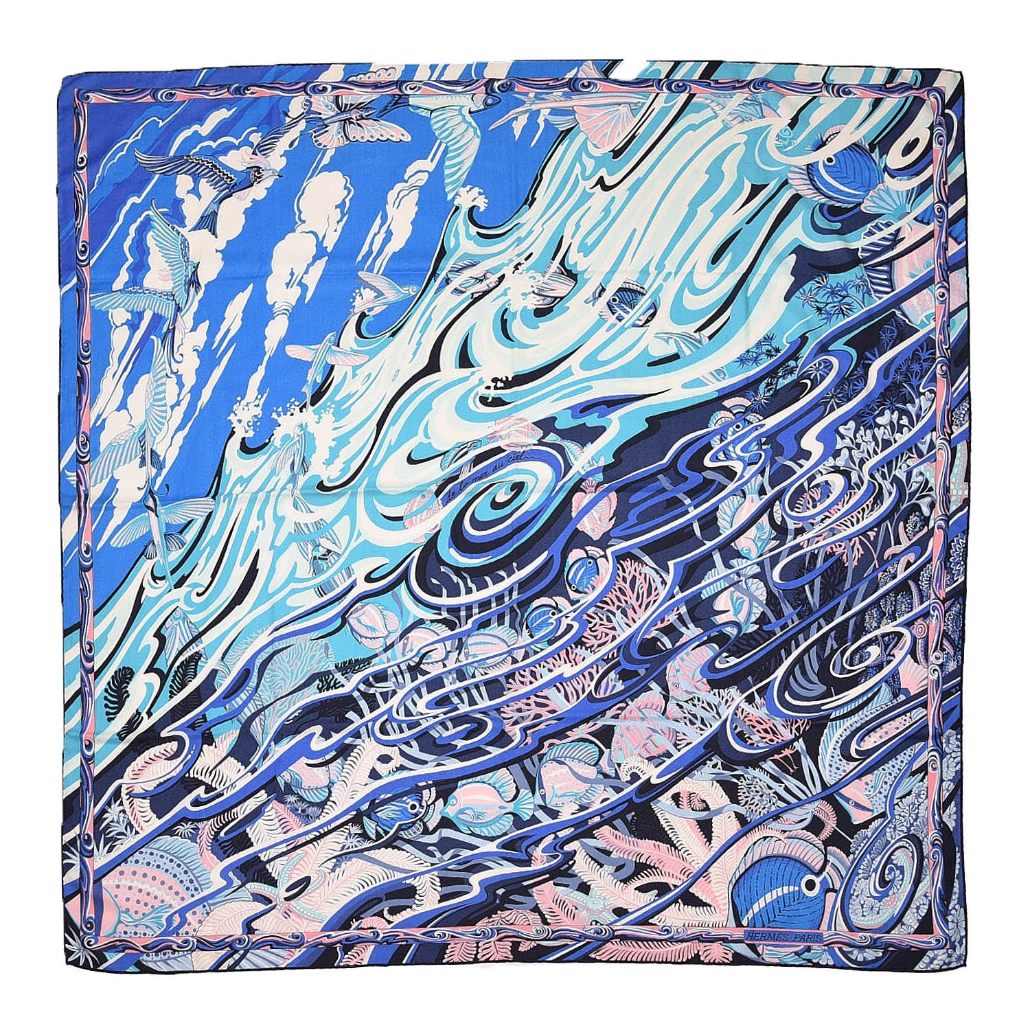 Hermes Cashmere Silk De La Mer Au Ciel Shawl 140 Marine Rose Turquoise 1 of 5