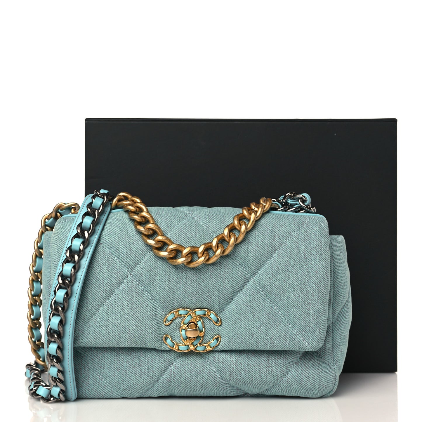 Denim Quilted Medium Chanel 19 Flap Neon Blue