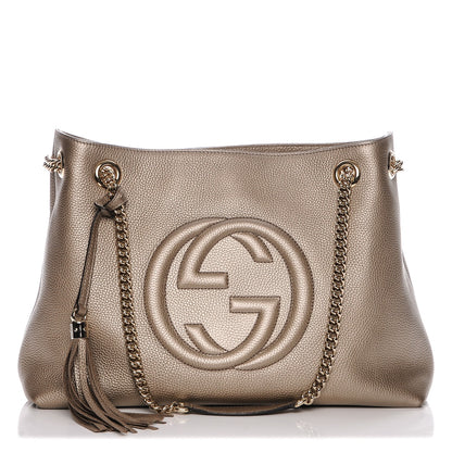 Gucci Metallic Pebbled Calfskin Medium Soho Chain Shoulder Bag Golden Beige 1 of 7