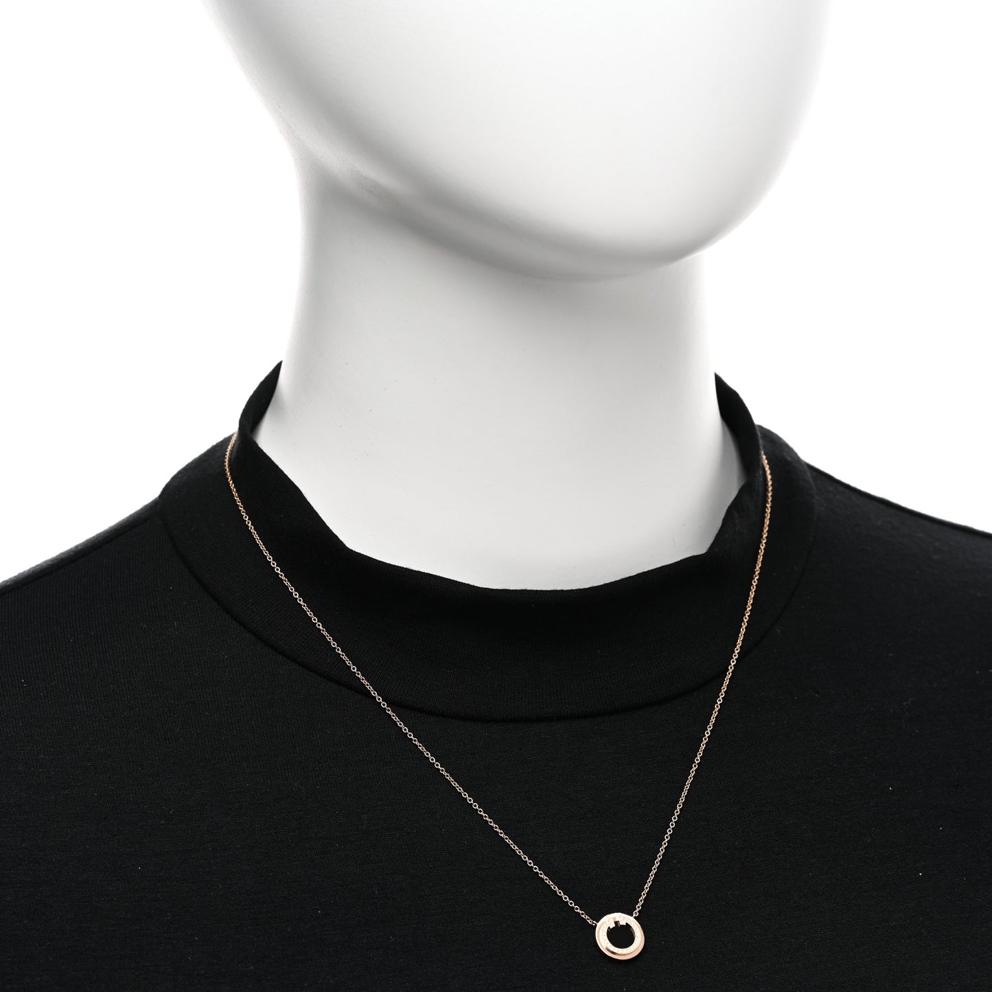 18K Rose Gold Diamond Black Onyx Small T Circle Pendant Necklace