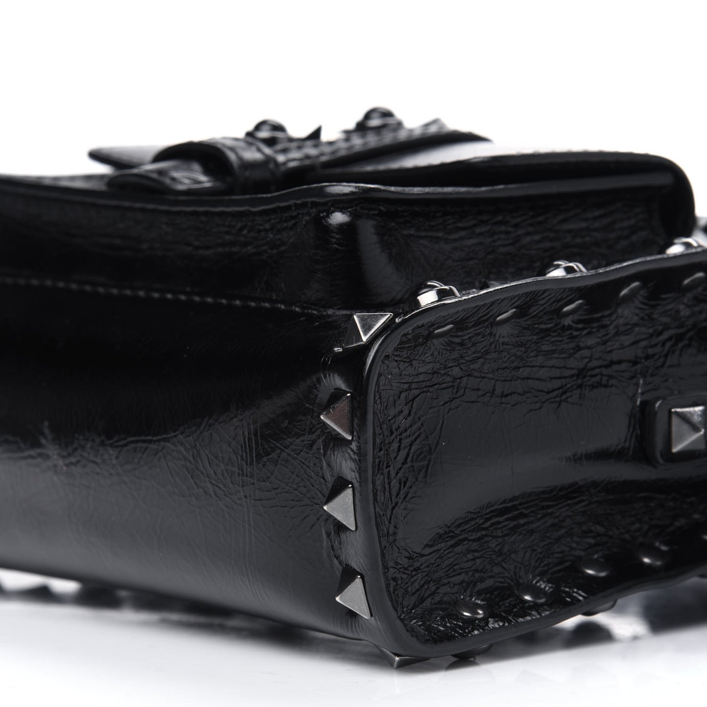 Craquele Calfskin Small Guitar Strap Rockstud Rolling Flap Pocket Shoulder Bag Black