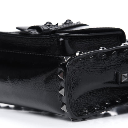 Valentino Garavani Craquele Calfskin Small Guitar Strap Rockstud Rolling Flap Pocket Shoulder Bag Black 9 of 14