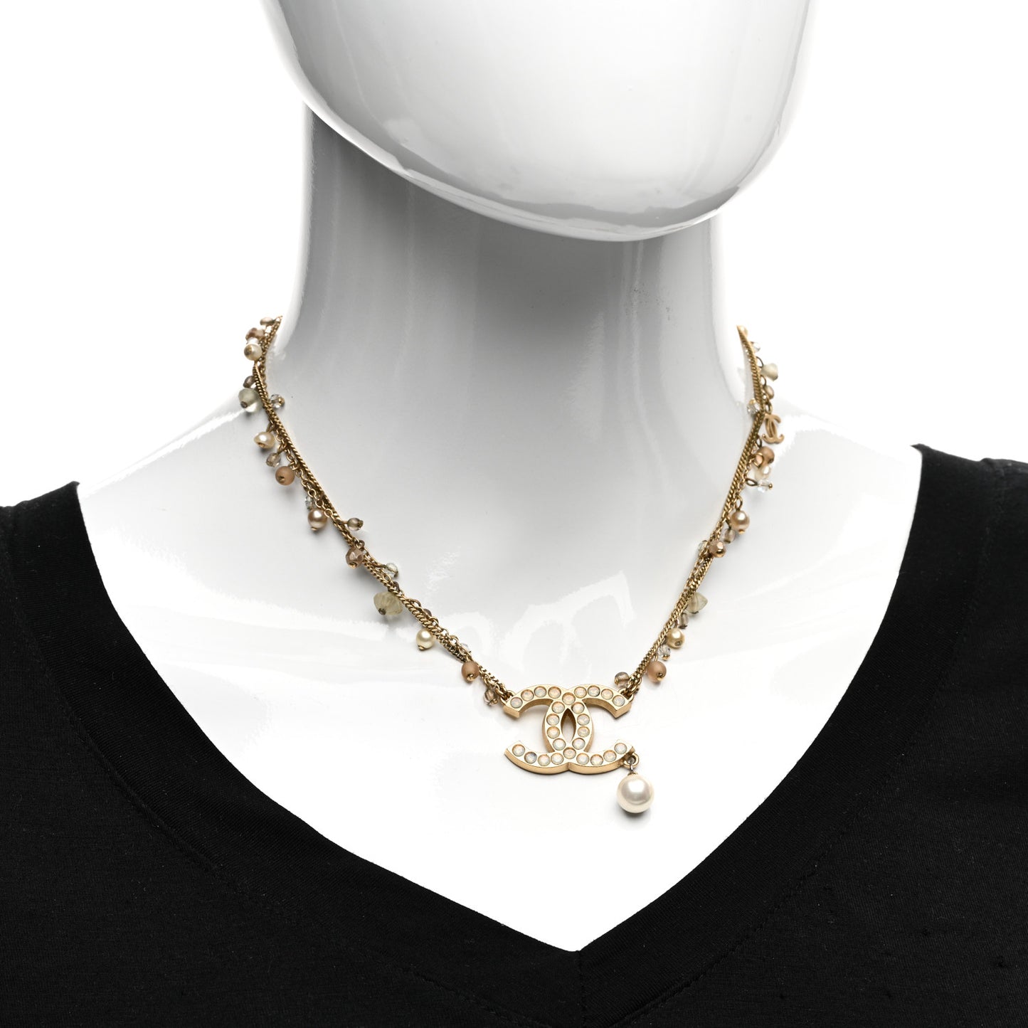 Pearl Crystal CC Double Chain Necklace Gold