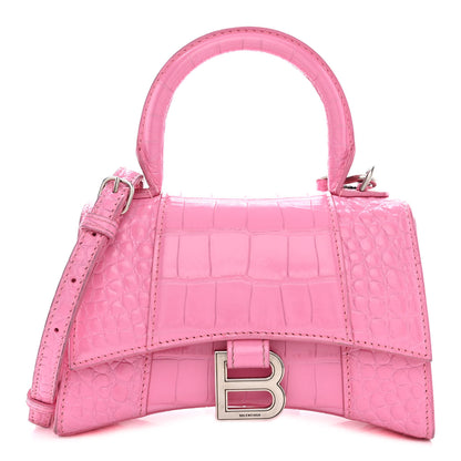 Balenciaga Shiny Calfskin Crocodile Embossed Hourglass Top Handle Bag XS Baby Pink 1 of 15
