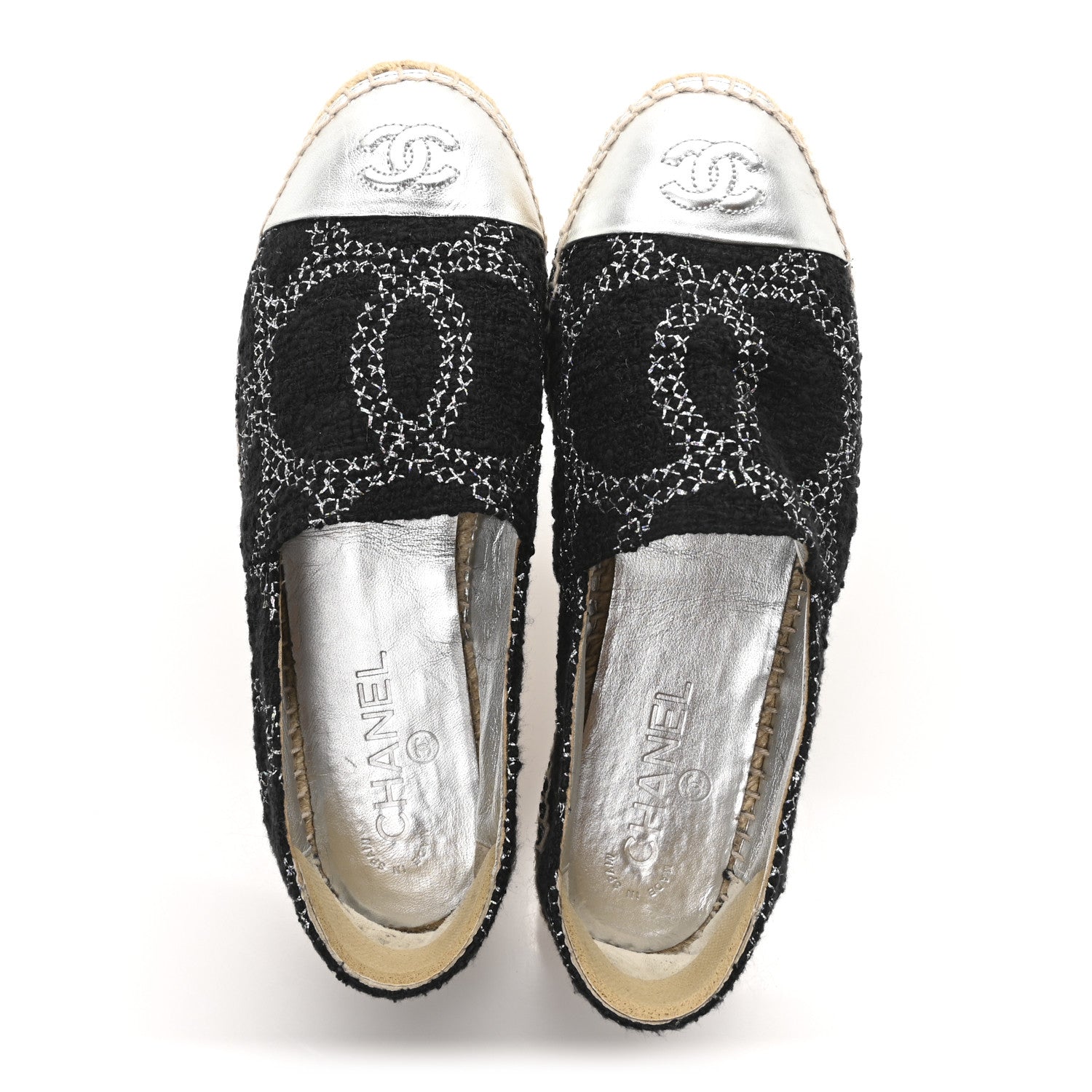 Chanel Metallic Tweed Lambskin CC Espadrilles 38 Black Silver 2 of 9