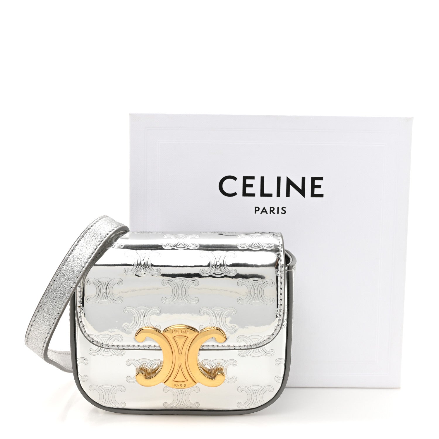 Celine Mirror Calfskin Triomphe Embossed Mini Claude Silver