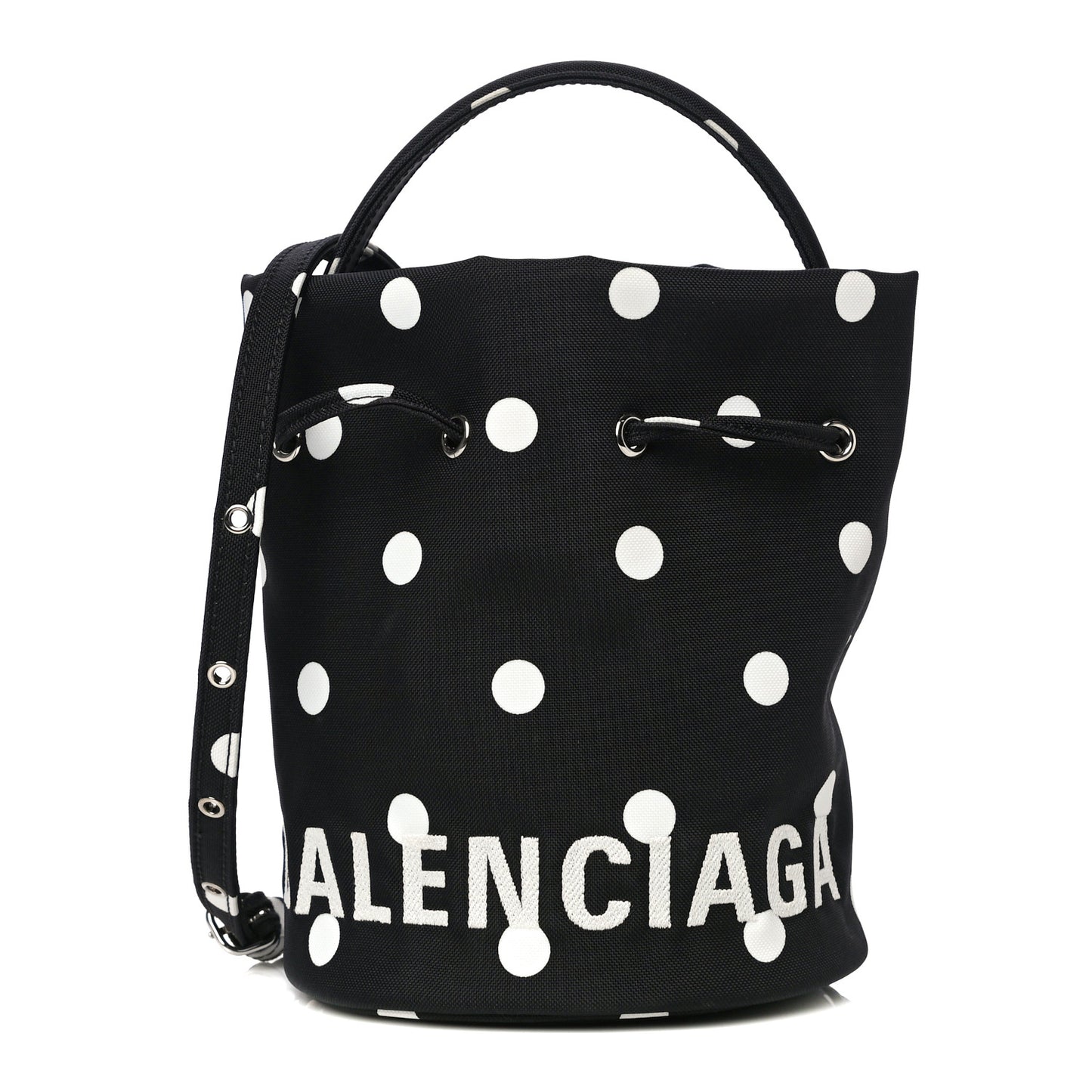 Recycled Sport Nylon Polka Dot Logo Embroidered Wheel Drawstring Bucket Bag XS Black White