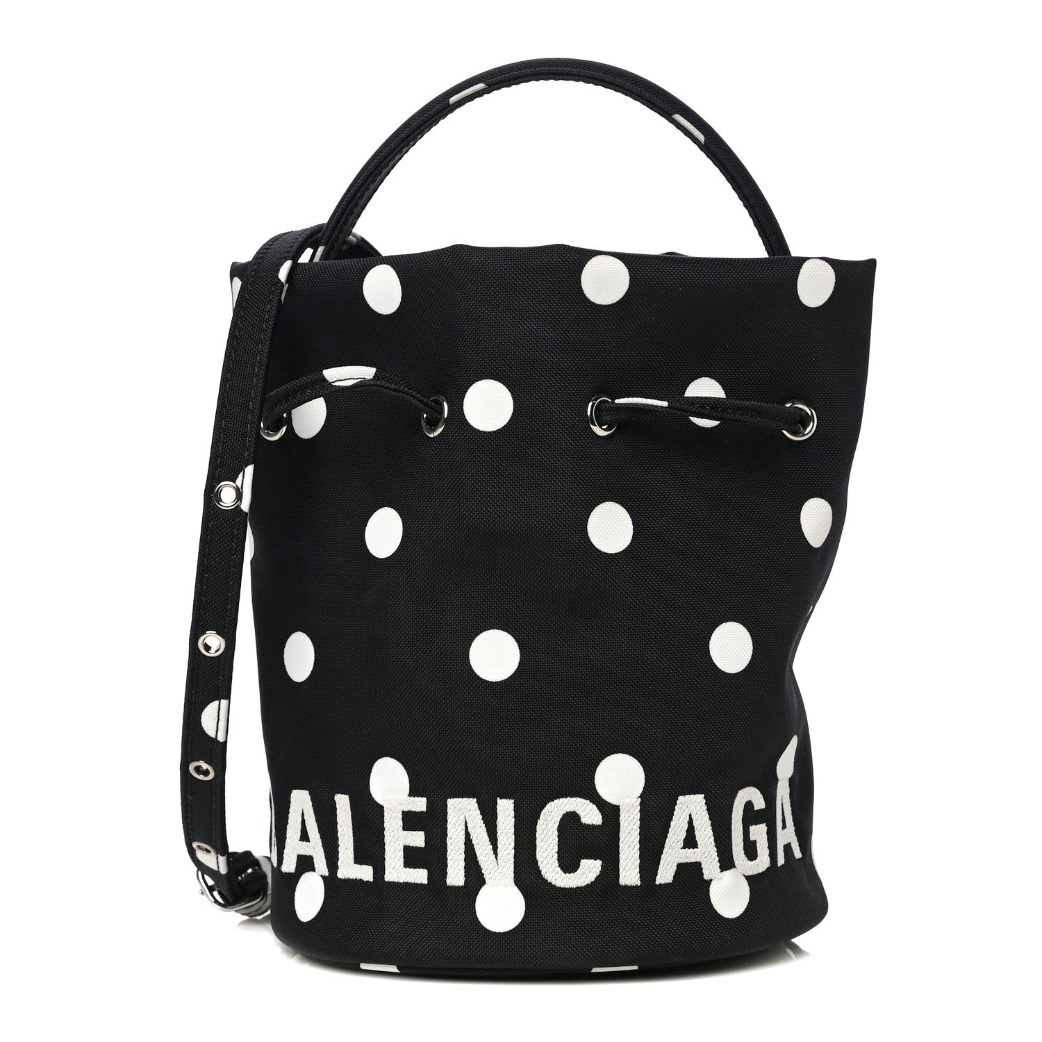 Balenciaga Recycled Sport Nylon Polka Dot Logo Embroidered Wheel Drawstring Bucket Bag XS Black White 1 of 9
