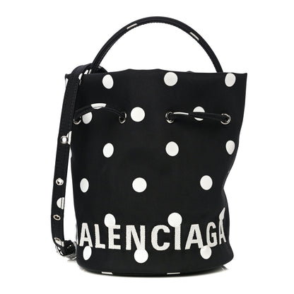 Balenciaga Recycled Sport Nylon Polka Dot Logo Embroidered Wheel Drawstring Bucket Bag XS Black White 1 of 9
