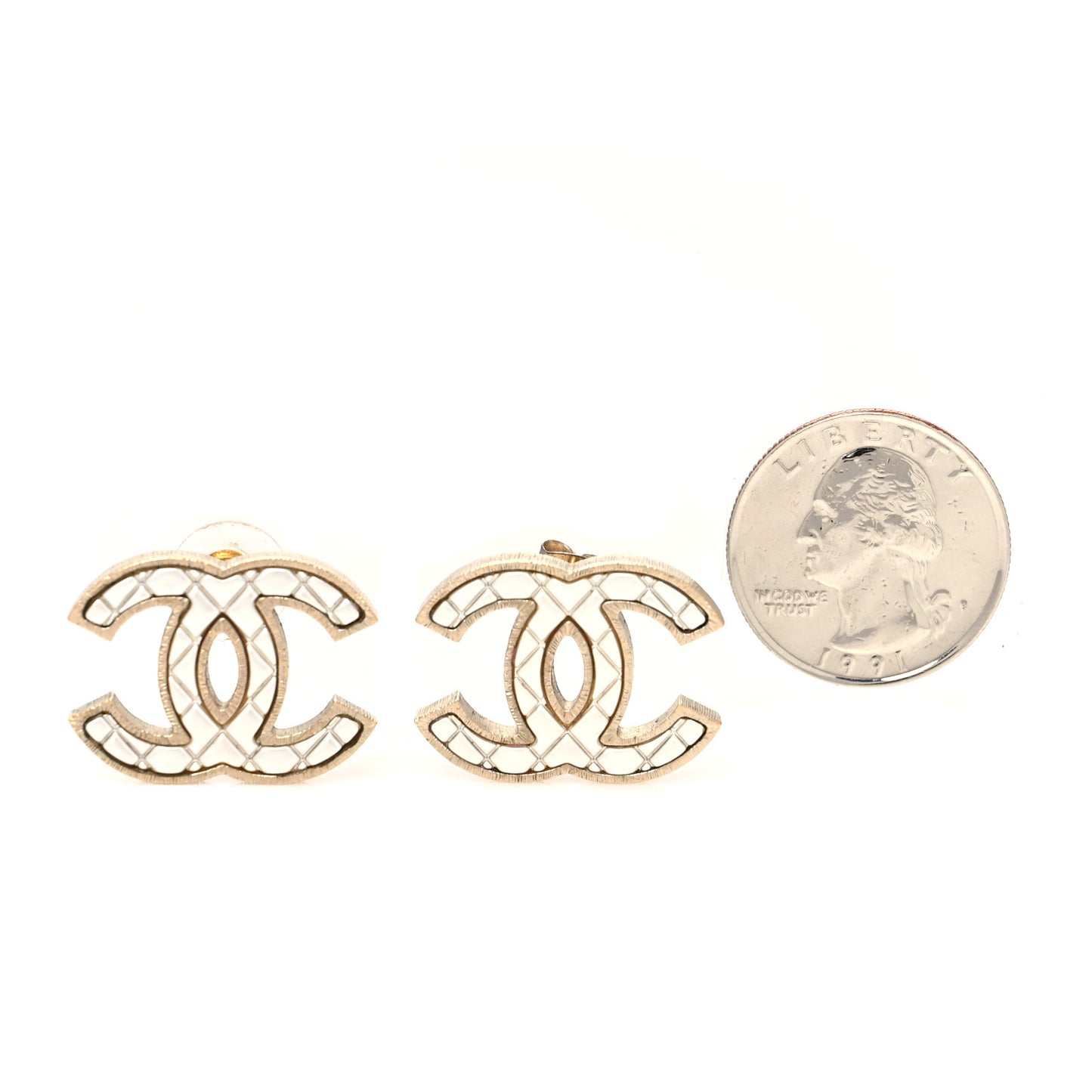 Metal Quilted CC Earrings Gold White