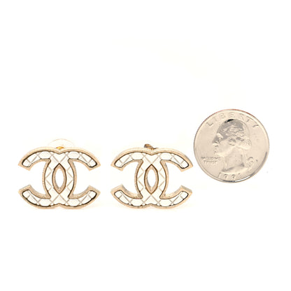Chanel Metal Quilted CC Earrings Gold White 2 of 5