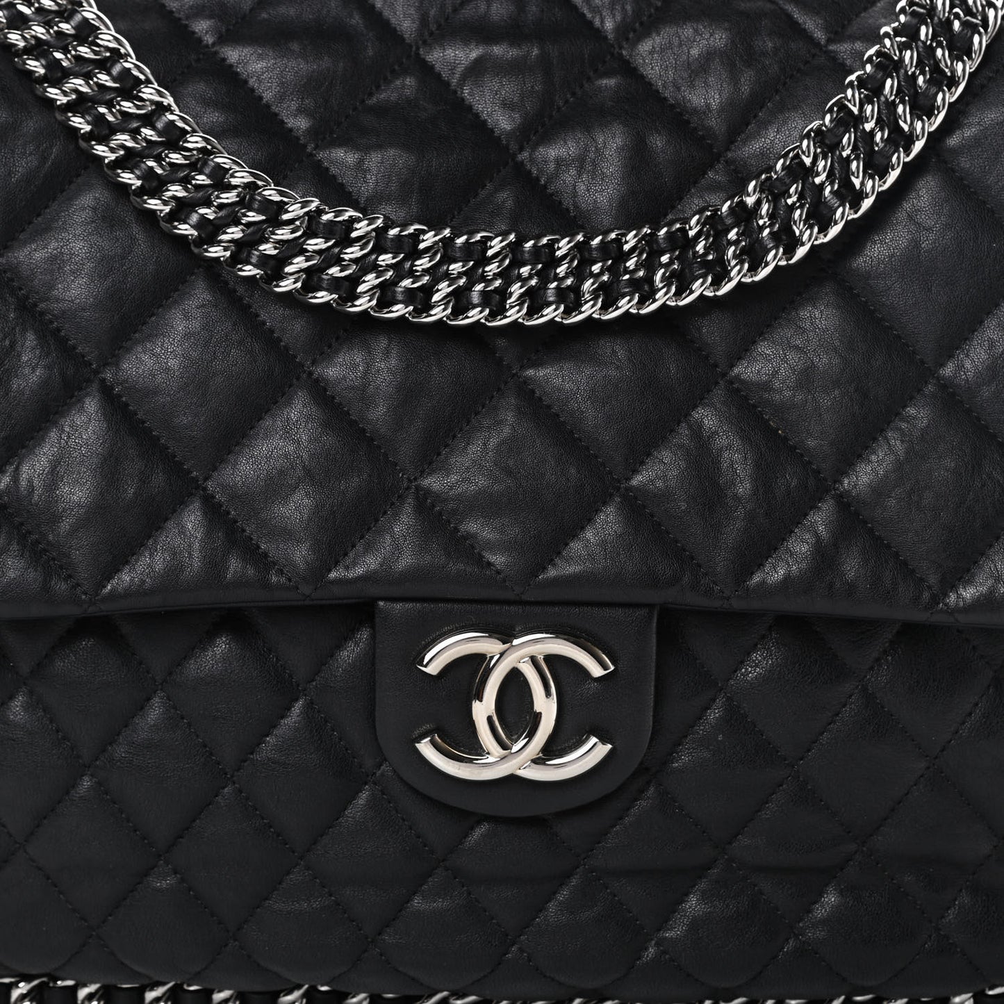 Washed Lambskin Quilted Maxi Chain Around Flap Black