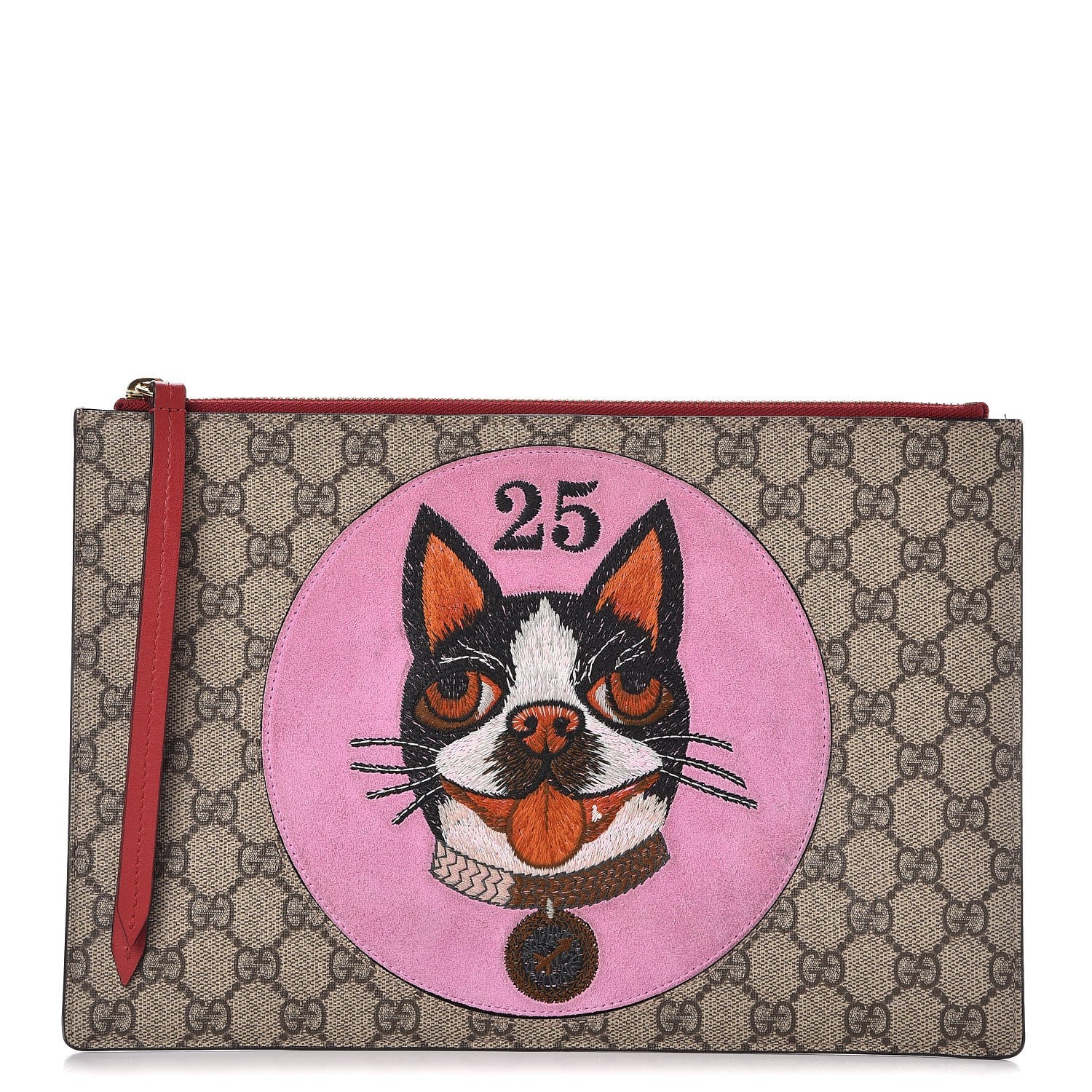 Gucci GG Supreme Monogram Bosco Patch Zip Pouch Beige Malva Hibiscus Red 1 of 10