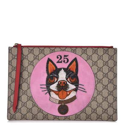 Gucci GG Supreme Monogram Bosco Patch Zip Pouch Beige Malva Hibiscus Red 1 of 10