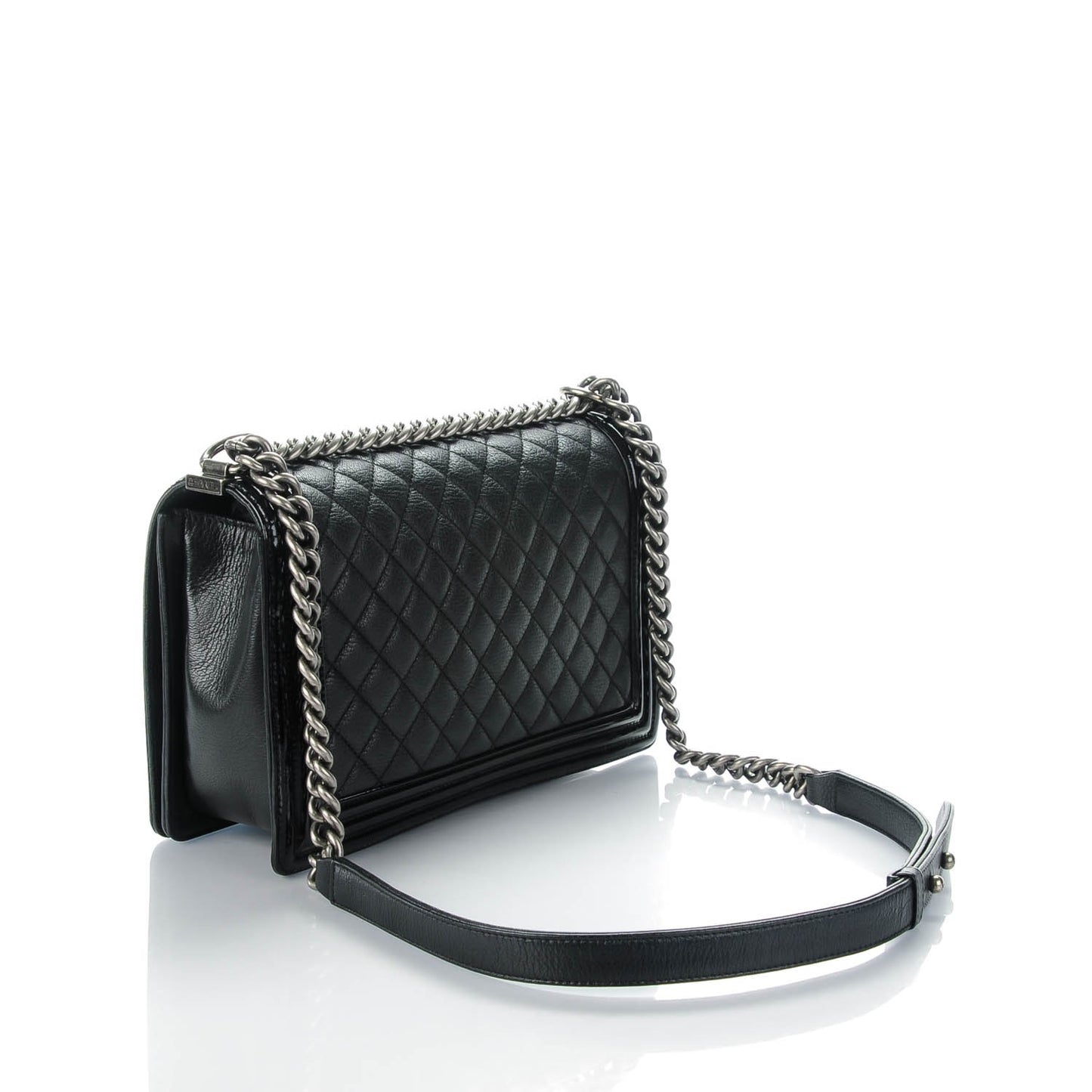 Goatskin Quilted Patent New Medium Duo Boy Flap Black