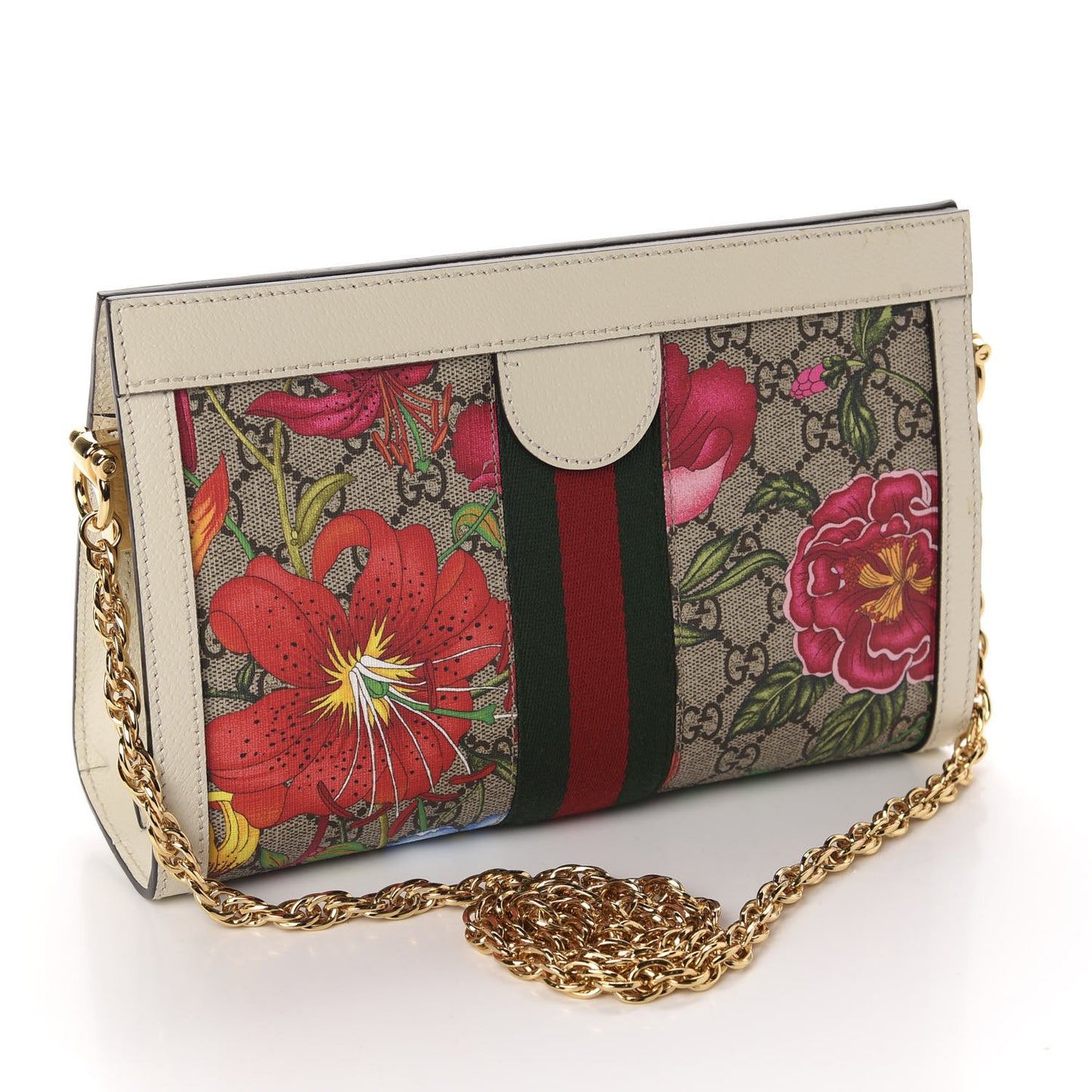 GG Supreme Monogram Flora Web Small Ophidia Chain Shoulder Bag White