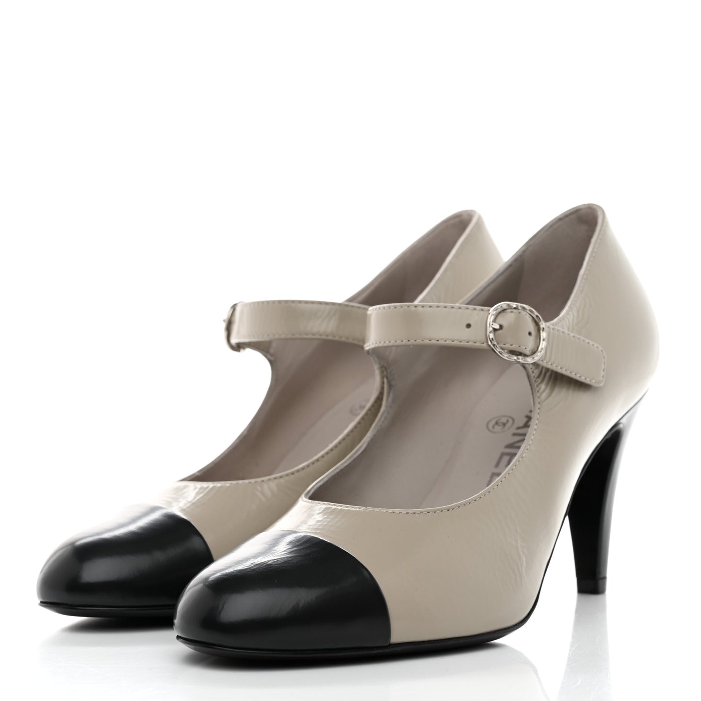 Shiny Goatskin Cap Toe Mary Jane Pumps 36 Grey Dark Grey