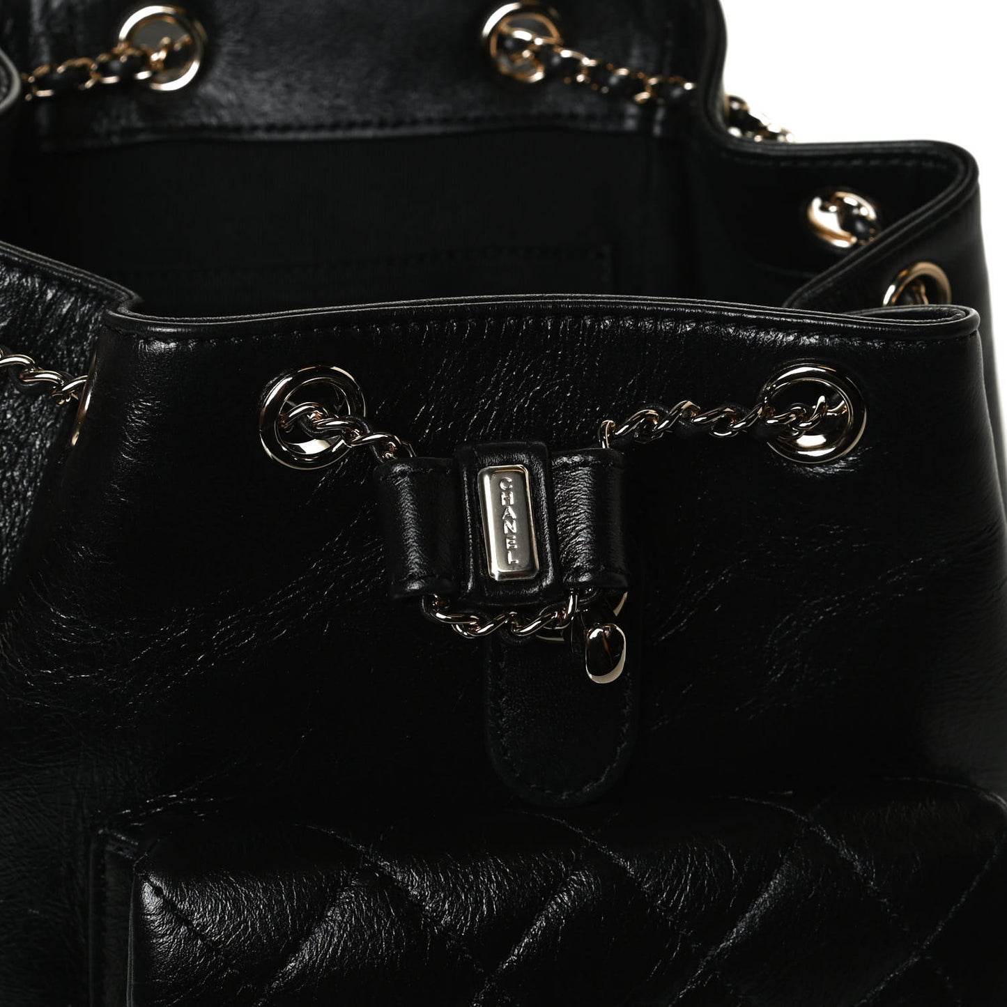 Glazed Aged Calfskin Quilted Small Duma Drawstring Backpack Black