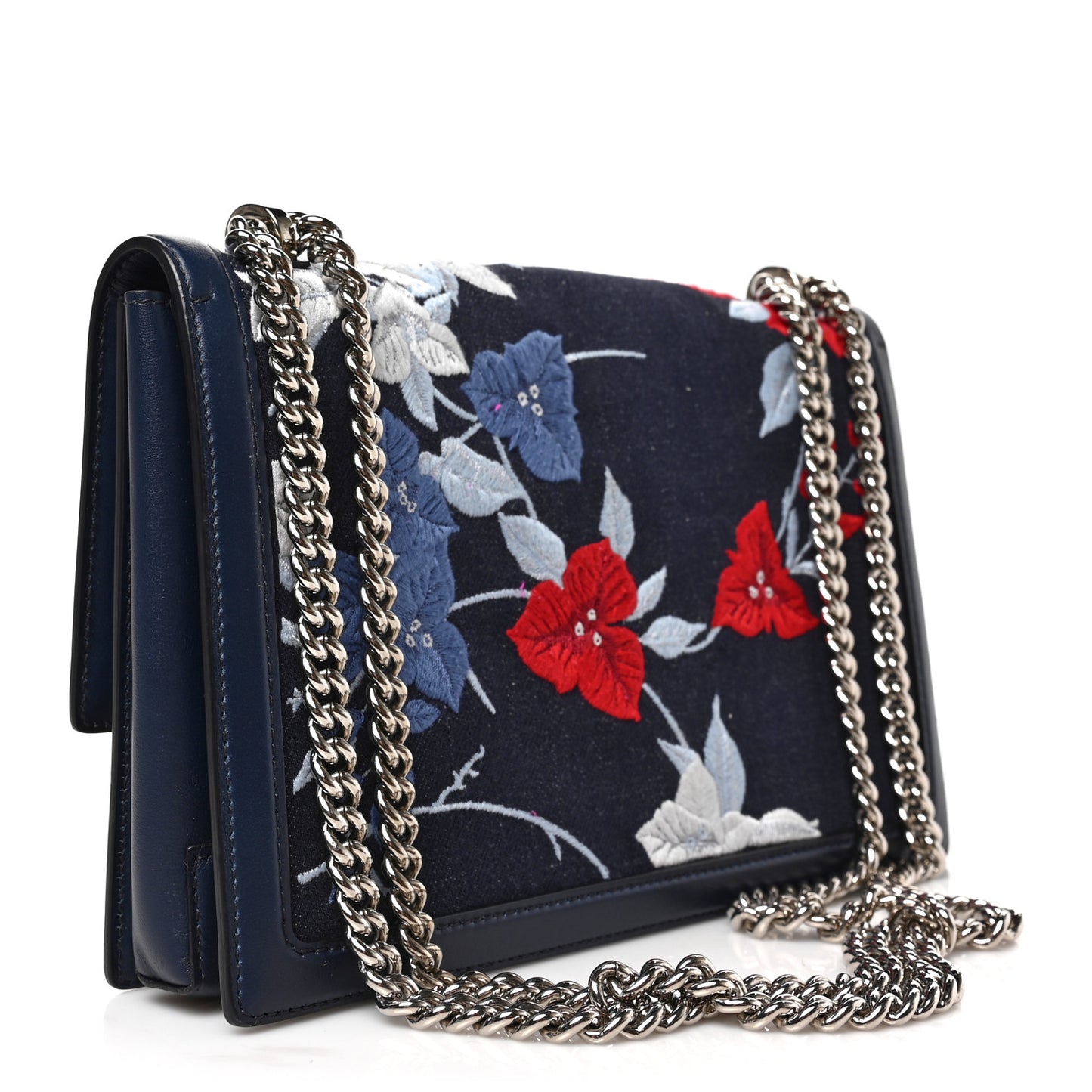Calfskin Denim Floral Embroidered Ginny Bow Crossbody Bag Oxford Blue