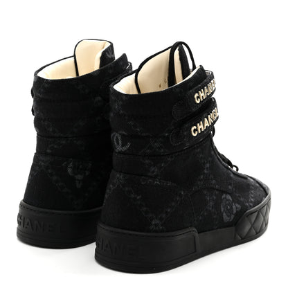 Chanel Printed Denim Logo High Top Sneakers 37.5 Black White 6 of 11