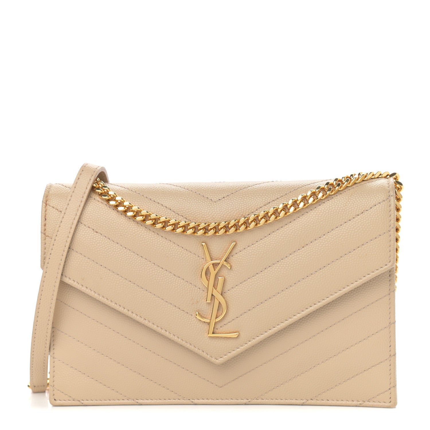 Saint Laurent Grain De Poudre Matelasse Chevron Monogram Envelope Chain Wallet Dark Beige 1 of 13