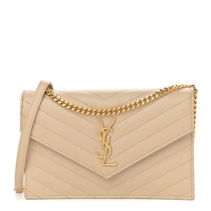 Saint Laurent Grain De Poudre Matelasse Chevron Monogram Envelope Chain Wallet Dark Beige 1 of 13