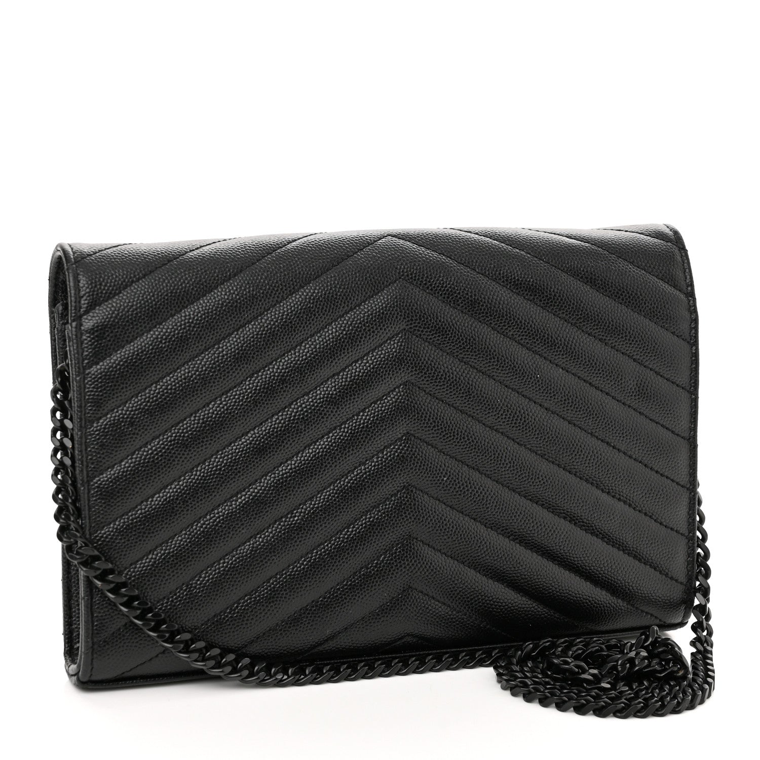 Saint Laurent Grain De Poudre Matelasse Chevron Monogram Monochrome Chain Wallet Black 3 of 11