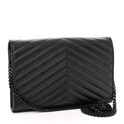 Saint Laurent Grain De Poudre Matelasse Chevron Monogram Monochrome Chain Wallet Black 3 of 11