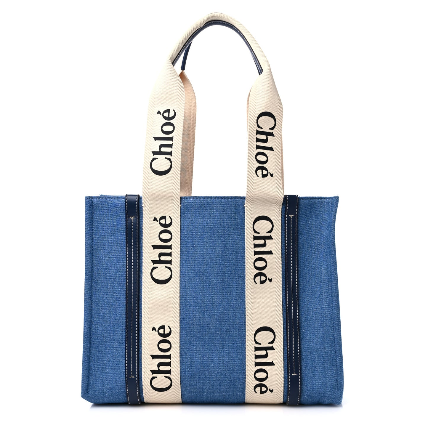 Denim Shiny Calfskin Medium Woody Ribbon Tote Navy