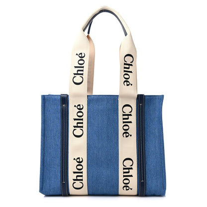 Chloe Denim Shiny Calfskin Medium Woody Ribbon Tote Navy 1 of 11