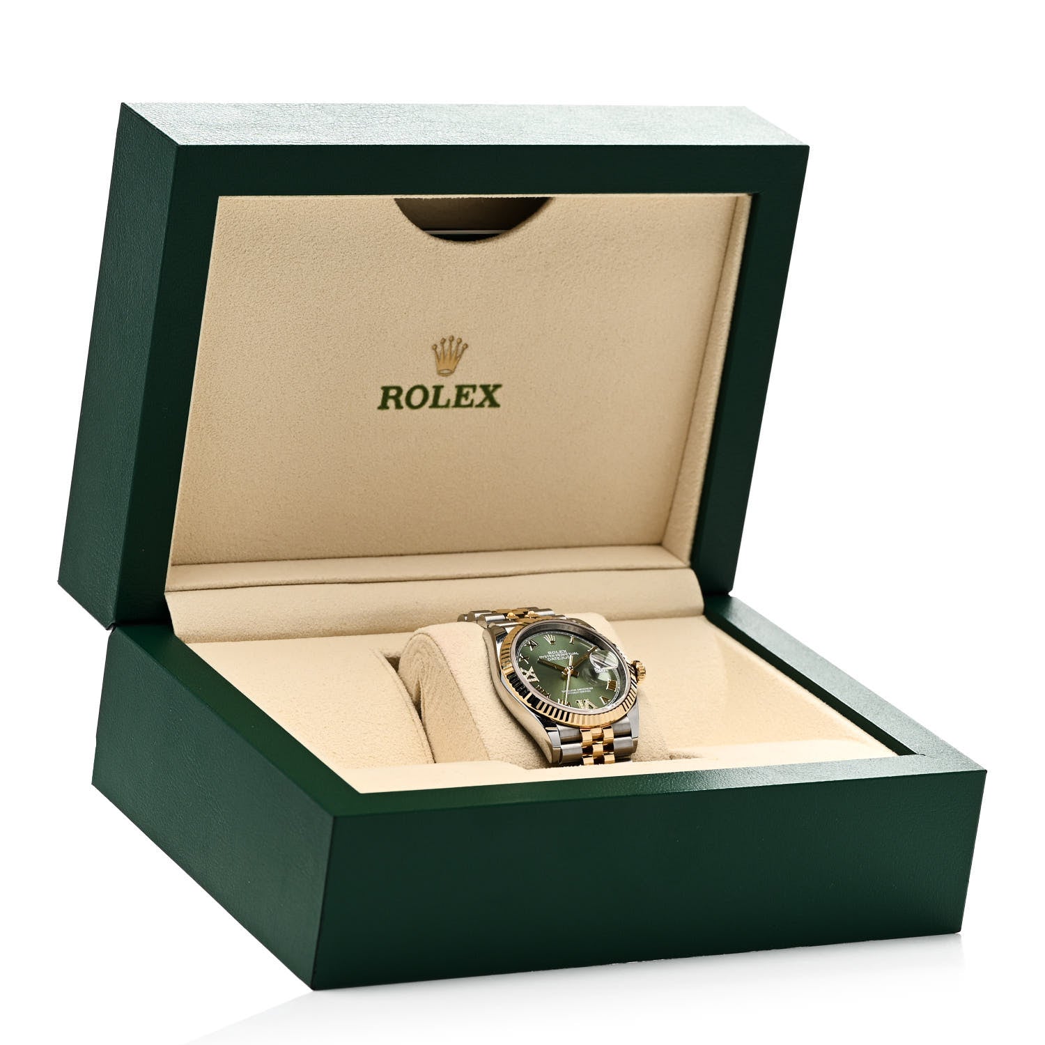 Rolex Stainless Steel 18K Yellow Gold Diamond 36mm Oyster Perpetual Datejust Watch Olive Green Roman 126233 5 of 5