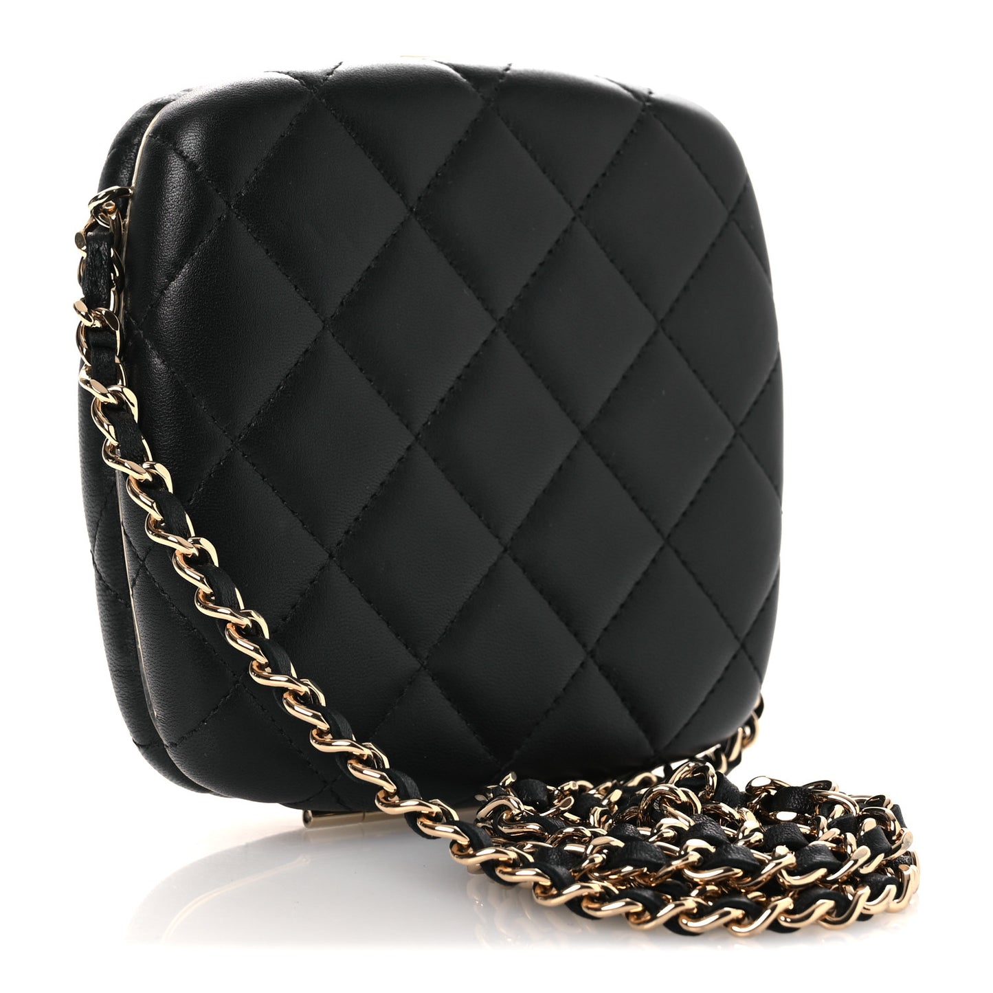 Lambskin Quilted Compact Vanity Case Purse With Chain Black