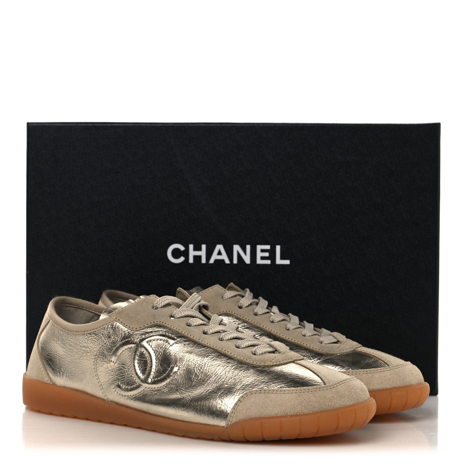 Chanel Laminated Crumpled Calfskin Womens CC Sneakers 40 Light Gold Beige 10 of 10