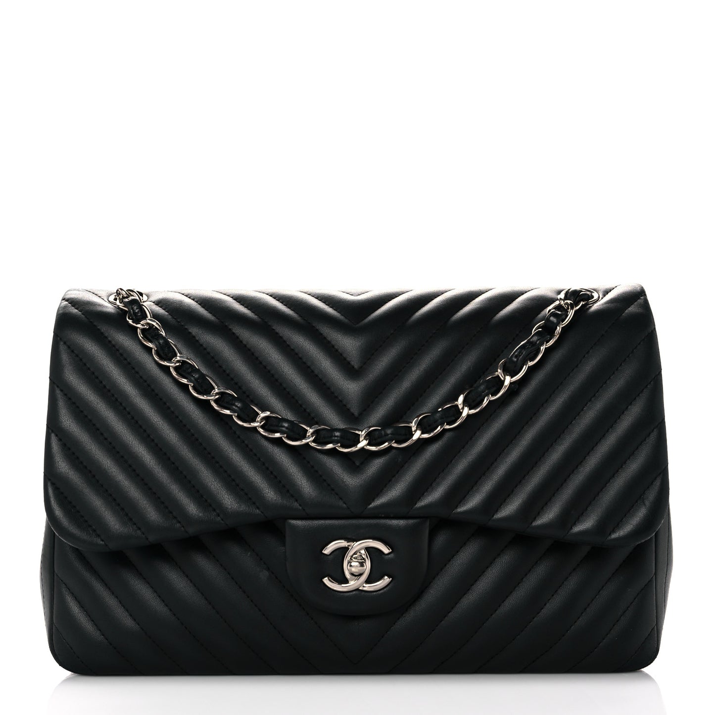 Lambskin Chevron Quilted Jumbo Double Flap Black