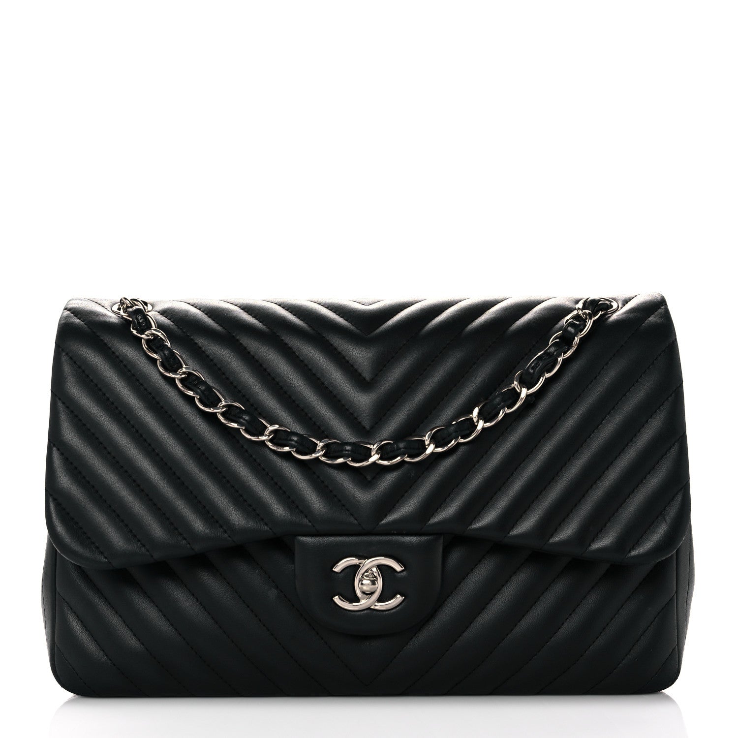 Chanel Lambskin Chevron Quilted Jumbo Double Flap Black 1 of 16