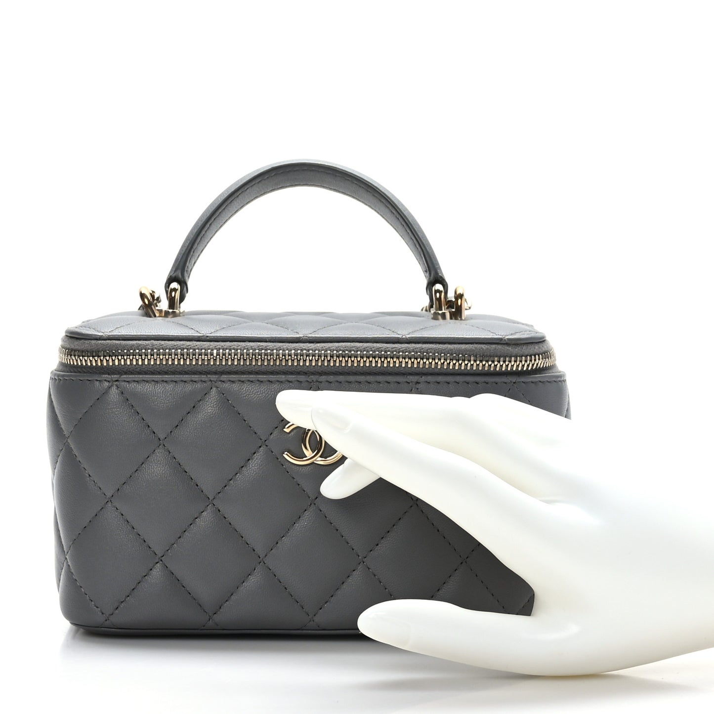 Lambskin Quilted Small Top Handle Vanity Case With Chain Dark Grey