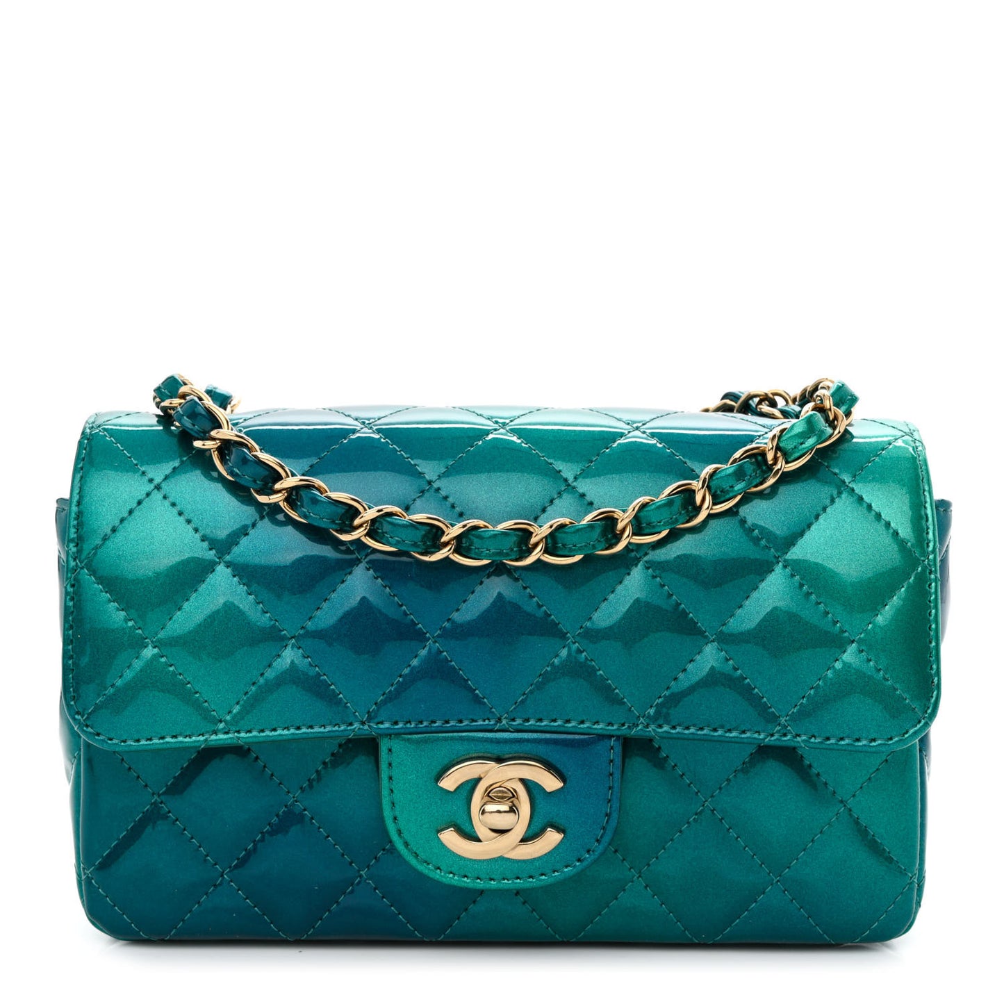 Shaded Patent Calfskin Quilted Mini Rectangular Flap Green Blue