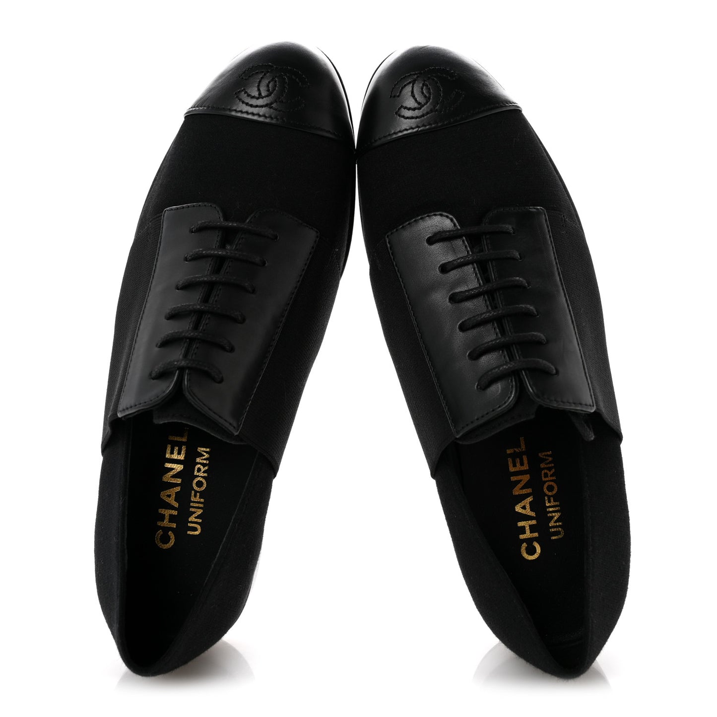 Calfskin Elastic Lace Up Cap Toe CC Loafers 35 Black