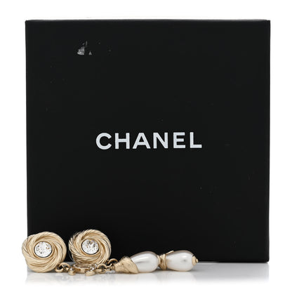 Chanel Metal Crystal Pearl Flower CC Drop Earrings Gold White 5 of 5
