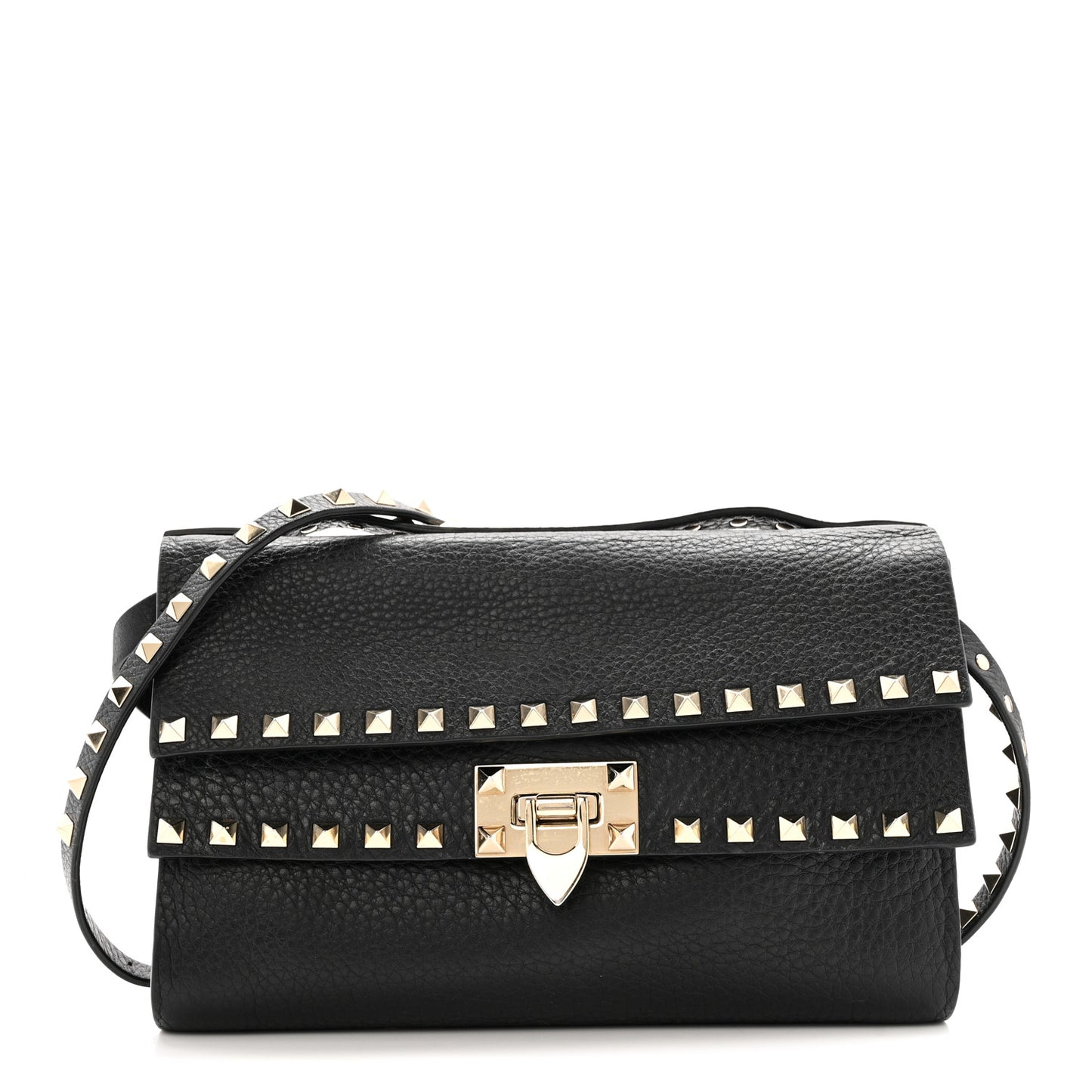 Grainy Calfskin Rockstud Double Flap Crossbody Bag Black