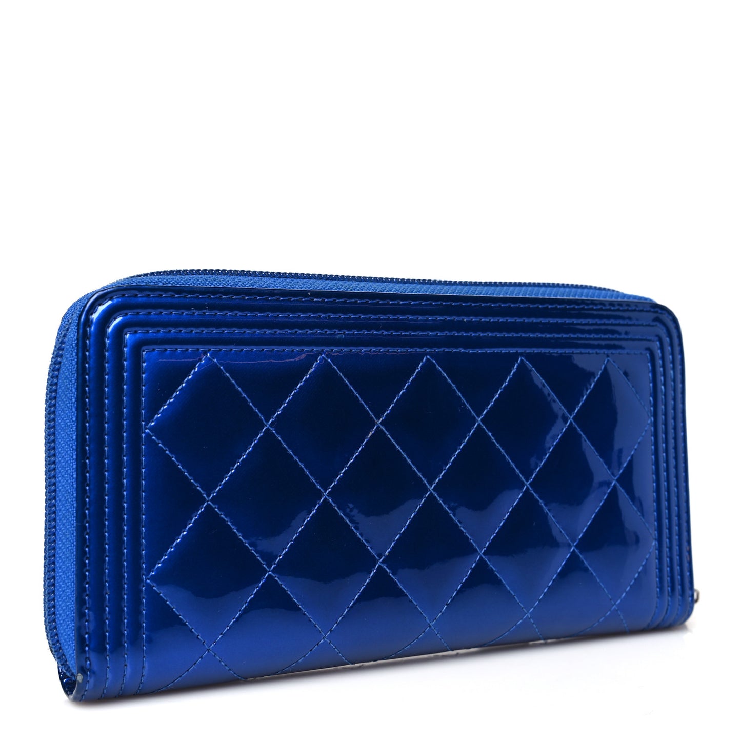 Metallic Patent Calfskin Quilted Boy L-Gusset Zip Wallet Blue