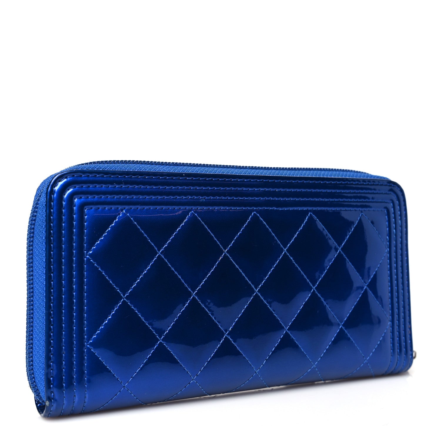 Chanel Metallic Patent Calfskin Quilted Boy L-Gusset Zip Wallet Blue 3 of 12