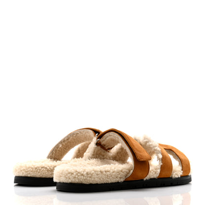 Hermes Suede Goatskin Woolskin Womens Chypre Sandals 39.5 Brun Fume Ecru 4 of 9
