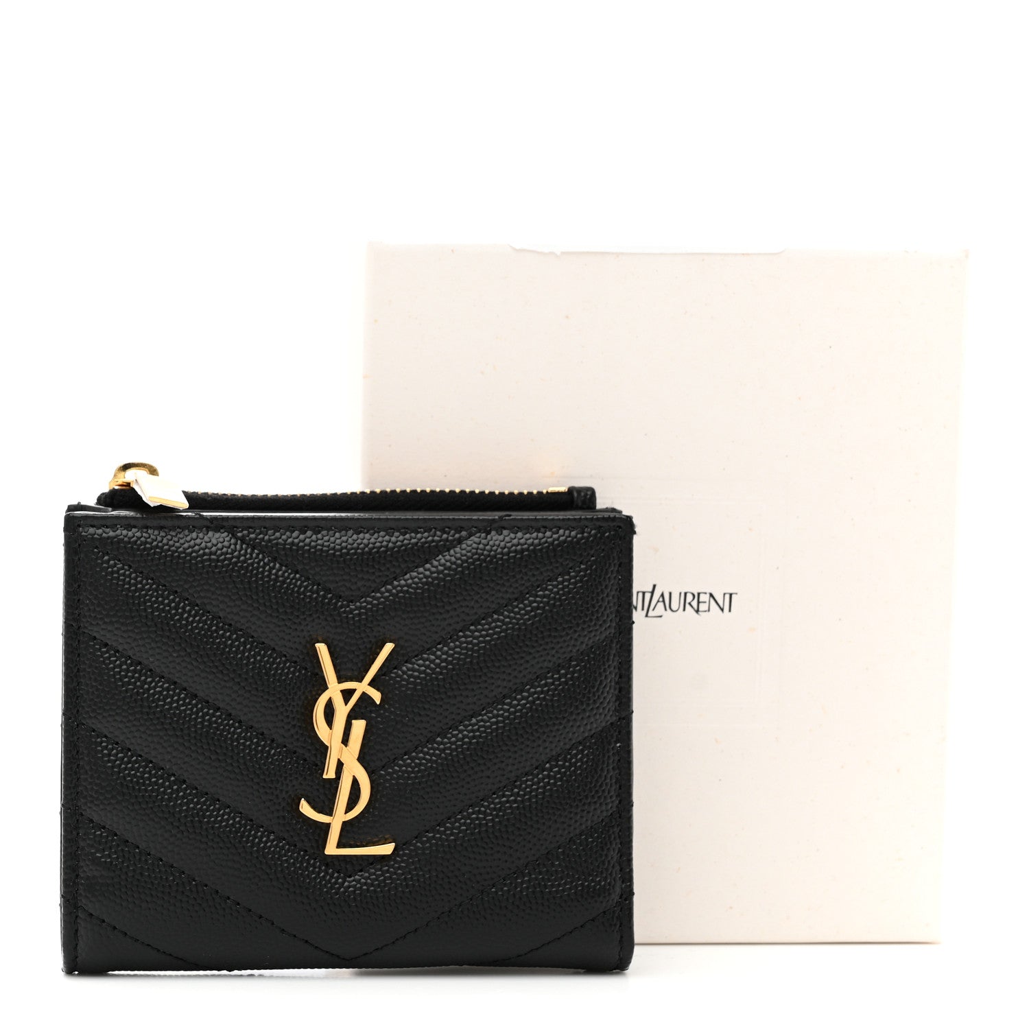 Saint Laurent Grain De Poudre Matelasse Chevron Monogram Zipped Card Case Black 8 of 8