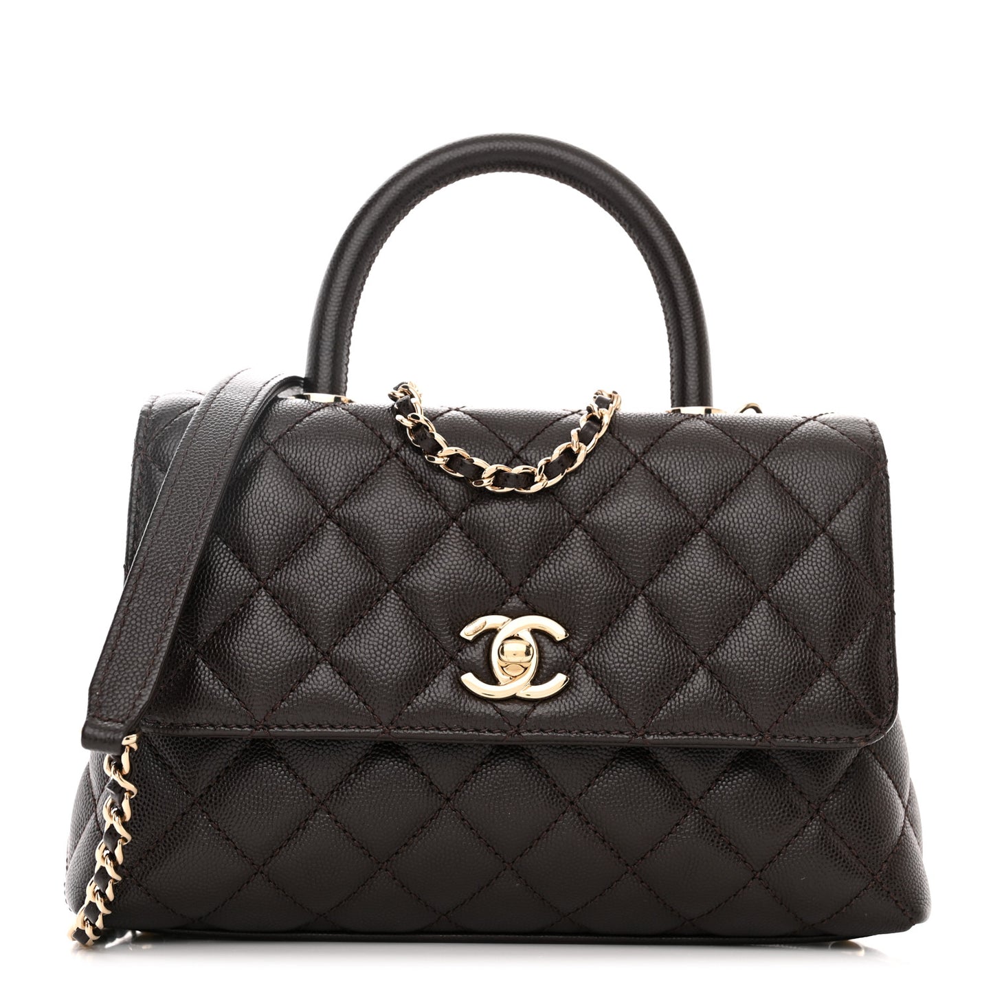 Caviar Quilted Mini Coco Handle Flap Dark Brown