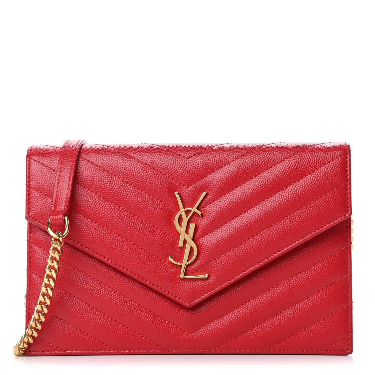 Grain De Poudre Matelasse Chevron Monogram Envelope Chain Wallet New Red