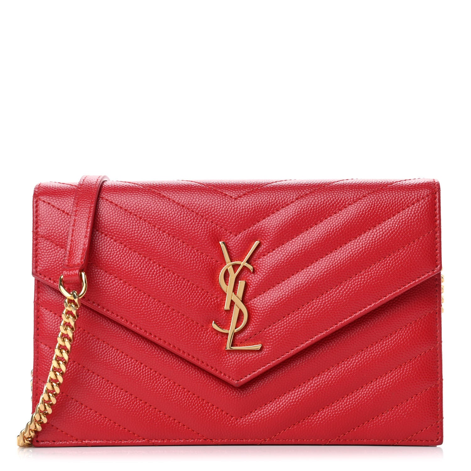 Saint Laurent Grain De Poudre Matelasse Chevron Monogram Envelope Chain Wallet New Red 1 of 5