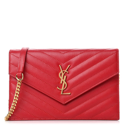 Saint Laurent Grain De Poudre Matelasse Chevron Monogram Envelope Chain Wallet New Red 1 of 5